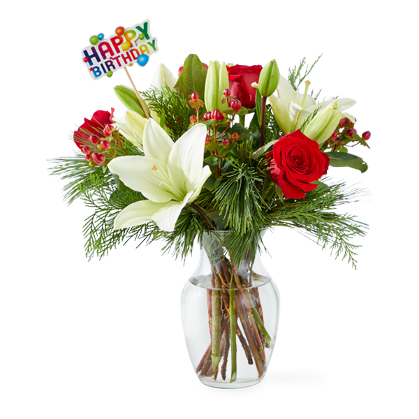 Evergreen Delight Bouquet and Happy Birthday Topper - Deluxe
