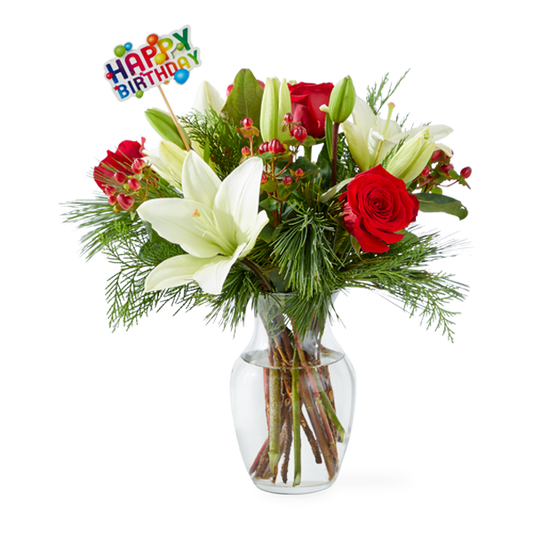 Evergreen Delight Bouquet and Happy Birthday Topper - Deluxe